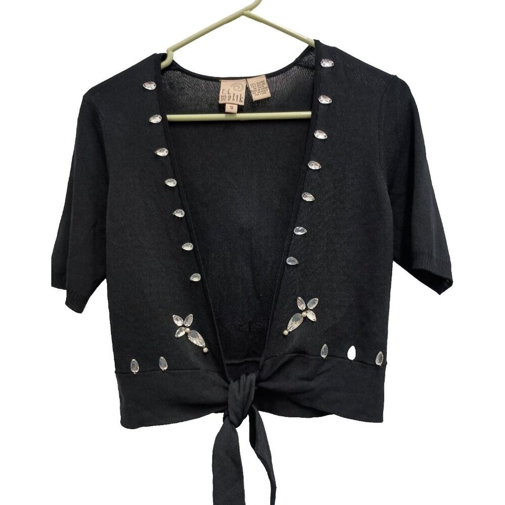 Vintage 90s F.L. Malik Womens Cardigan Size Small Black Crop Tie Hem Embellished